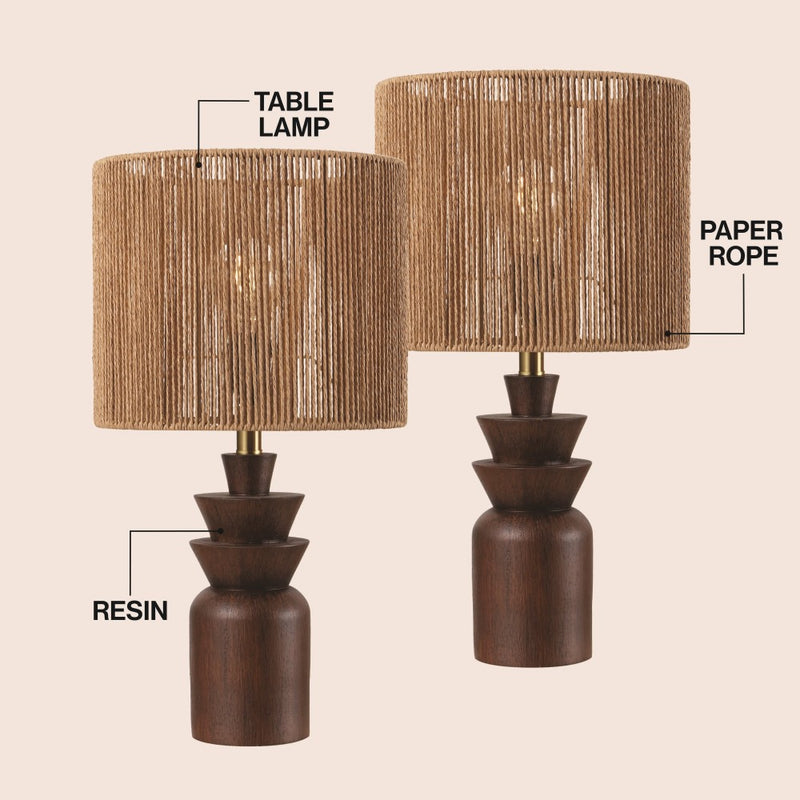 Anderson 22" Bohemian Coastal Tiered Totem Resin with Hand-Woven Paper Rope Drum Shade LED Table Lamp