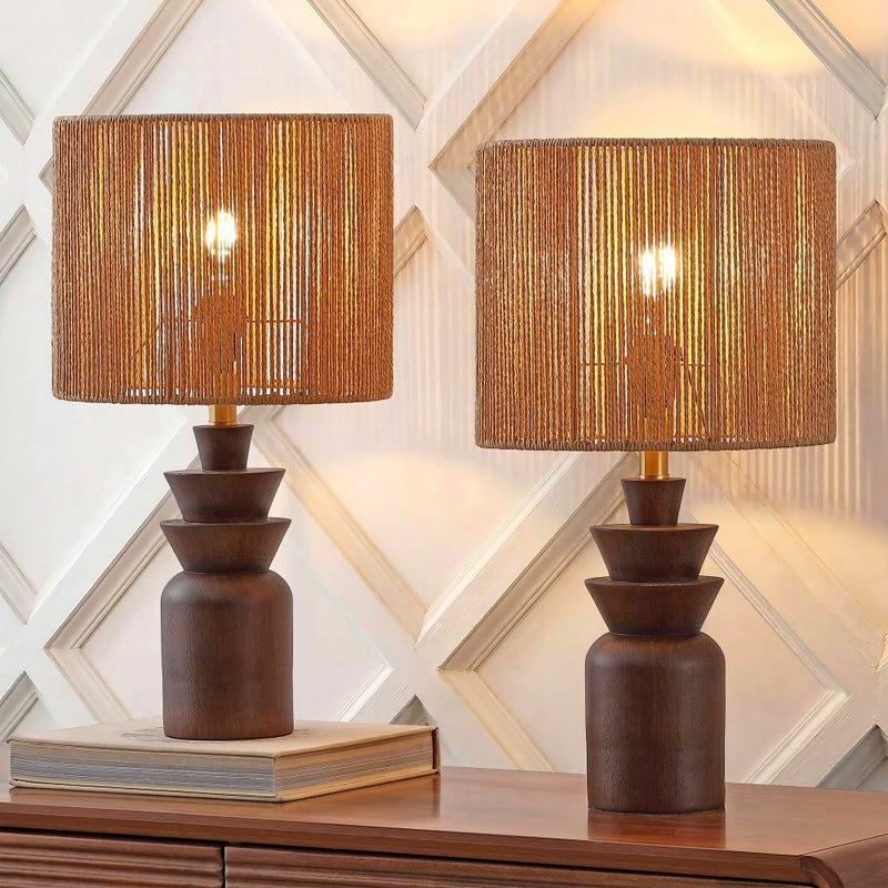 Anderson 22" Bohemian Coastal Tiered Totem Resin with Hand-Woven Paper Rope Drum Shade LED Table Lamp