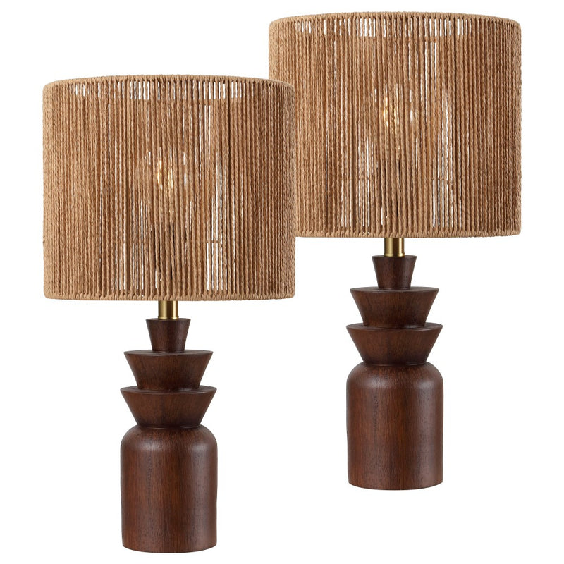 Anderson 22" Bohemian Coastal Tiered Totem Resin with Hand-Woven Paper Rope Drum Shade LED Table Lamp