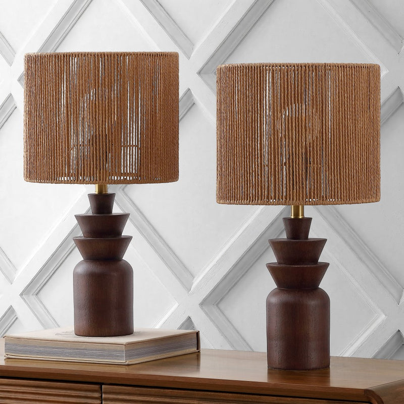 Anderson 22" Bohemian Coastal Tiered Totem Resin with Hand-Woven Paper Rope Drum Shade LED Table Lamp