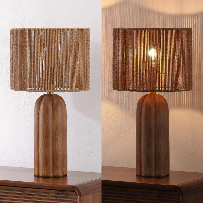 Hazel 24" Bohemian Coastal Fluted Scalloped Cylinder Resin with Hand-Woven Paper Rope Drum Shade LED Table Lamp