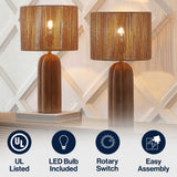 Hazel 24" Bohemian Coastal Fluted Scalloped Cylinder Resin with Hand-Woven Paper Rope Drum Shade LED Table Lamp