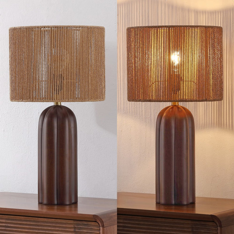 Hazel 24" Bohemian Coastal Fluted Scalloped Cylinder Resin with Hand-Woven Paper Rope Drum Shade LED Table Lamp