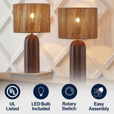 Hazel 24" Bohemian Coastal Fluted Scalloped Cylinder Resin with Hand-Woven Paper Rope Drum Shade LED Table Lamp