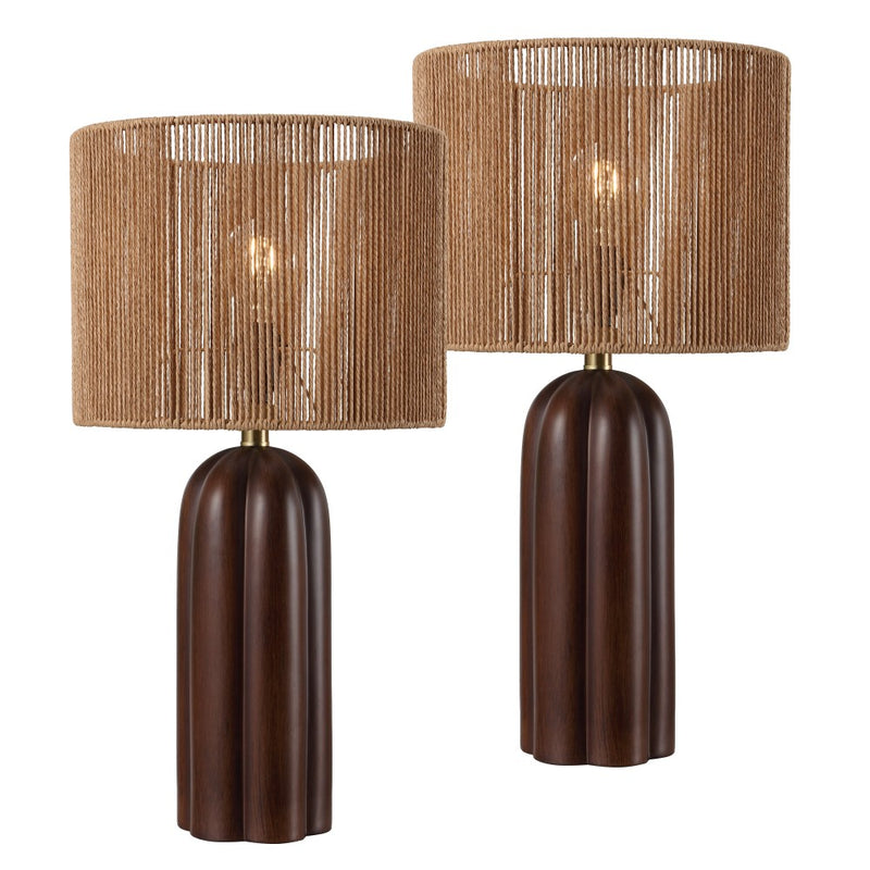Hazel 24" Bohemian Coastal Fluted Scalloped Cylinder Resin with Hand-Woven Paper Rope Drum Shade LED Table Lamp