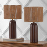 Hazel 24" Bohemian Coastal Fluted Scalloped Cylinder Resin with Hand-Woven Paper Rope Drum Shade LED Table Lamp