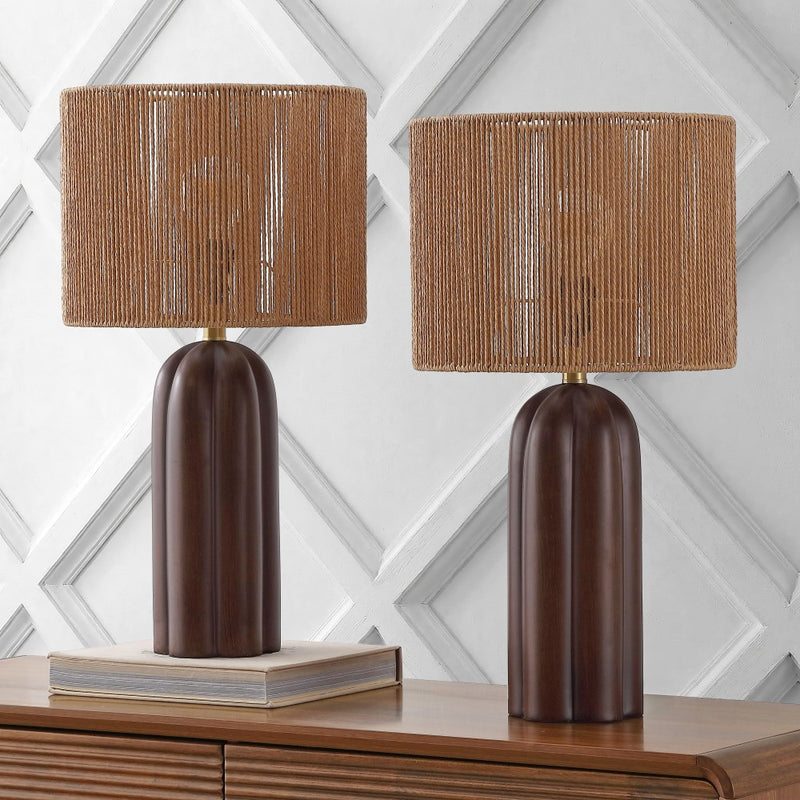 Hazel 24" Bohemian Coastal Fluted Scalloped Cylinder Resin with Hand-Woven Paper Rope Drum Shade LED Table Lamp
