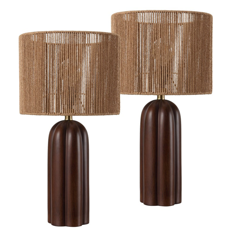 Hazel 24" Bohemian Coastal Fluted Scalloped Cylinder Resin with Hand-Woven Paper Rope Drum Shade LED Table Lamp