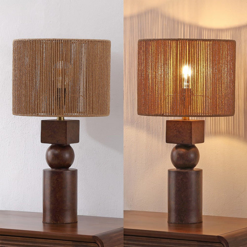 Lilian 24.5" Bohemian Casual Geometric Totem Resin with Hand-Woven Paper Rope Drum Shade LED Table Lamp