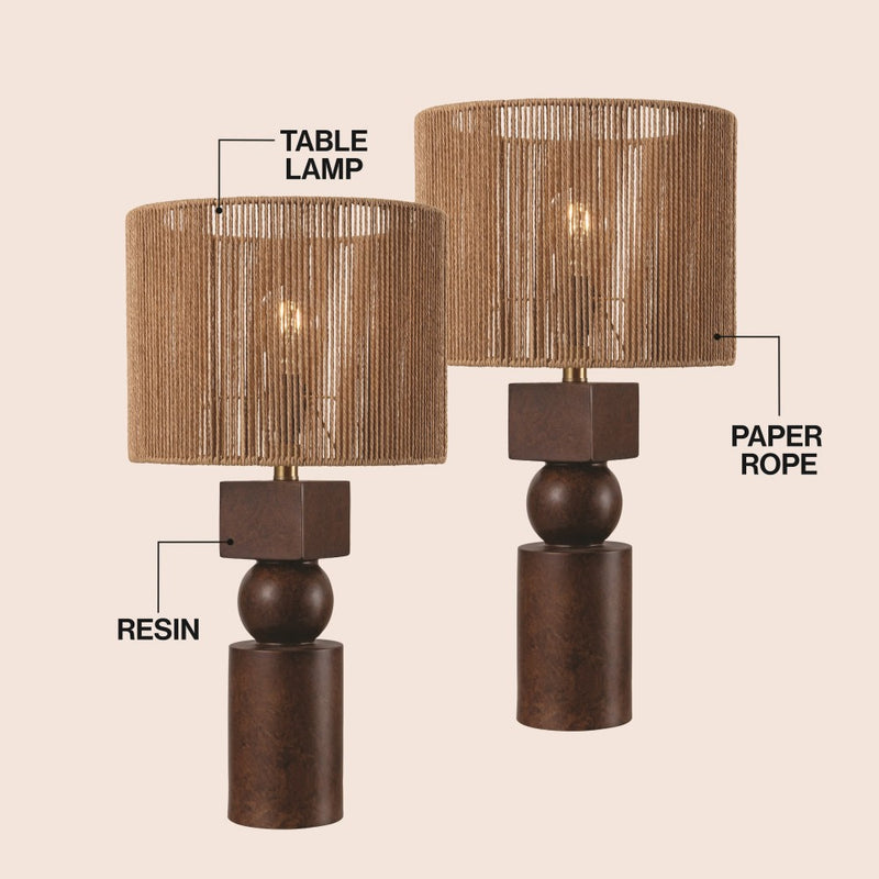 Lilian 24.5" Bohemian Casual Geometric Totem Resin with Hand-Woven Paper Rope Drum Shade LED Table Lamp