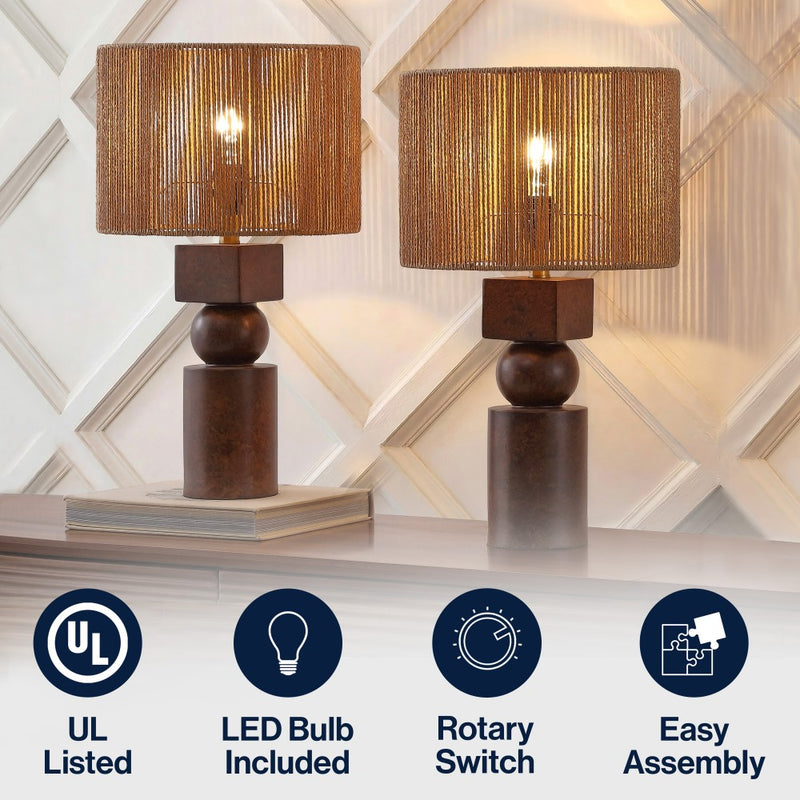 Lilian 24.5" Bohemian Casual Geometric Totem Resin with Hand-Woven Paper Rope Drum Shade LED Table Lamp