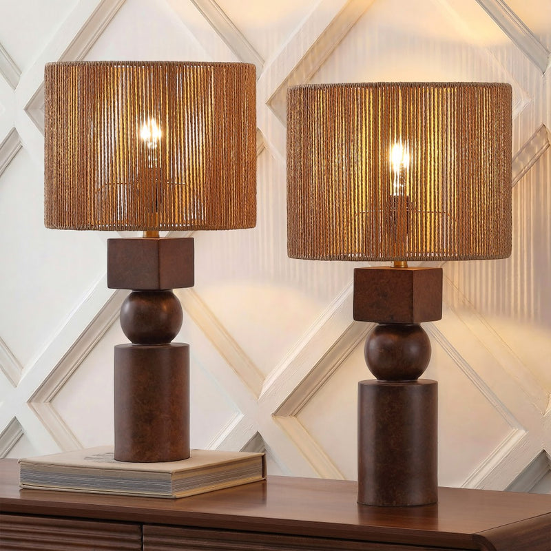 Lilian 24.5" Bohemian Casual Geometric Totem Resin with Hand-Woven Paper Rope Drum Shade LED Table Lamp