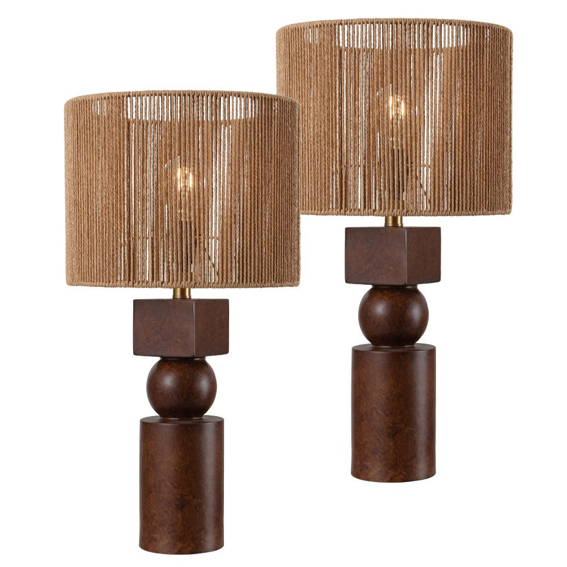 Lilian 24.5" Bohemian Casual Geometric Totem Resin with Hand-Woven Paper Rope Drum Shade LED Table Lamp