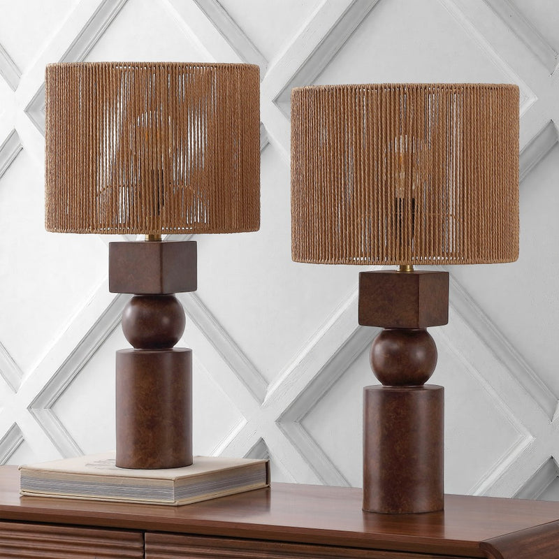 Lilian 24.5" Bohemian Casual Geometric Totem Resin with Hand-Woven Paper Rope Drum Shade LED Table Lamp