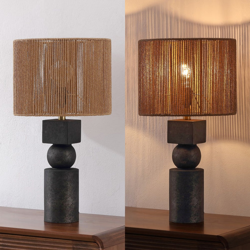 Lilian 24.5" Bohemian Casual Geometric Totem Resin with Hand-Woven Paper Rope Drum Shade LED Table Lamp