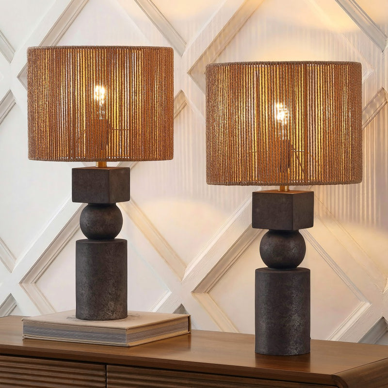 Lilian 24.5" Bohemian Casual Geometric Totem Resin with Hand-Woven Paper Rope Drum Shade LED Table Lamp