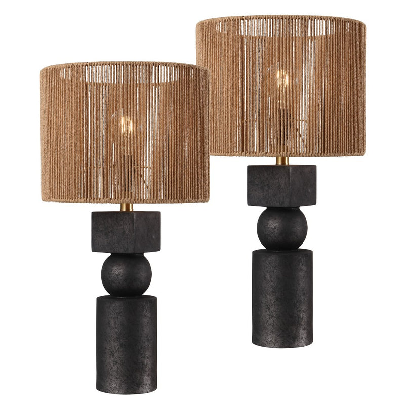 Lilian 24.5" Bohemian Casual Geometric Totem Resin with Hand-Woven Paper Rope Drum Shade LED Table Lamp