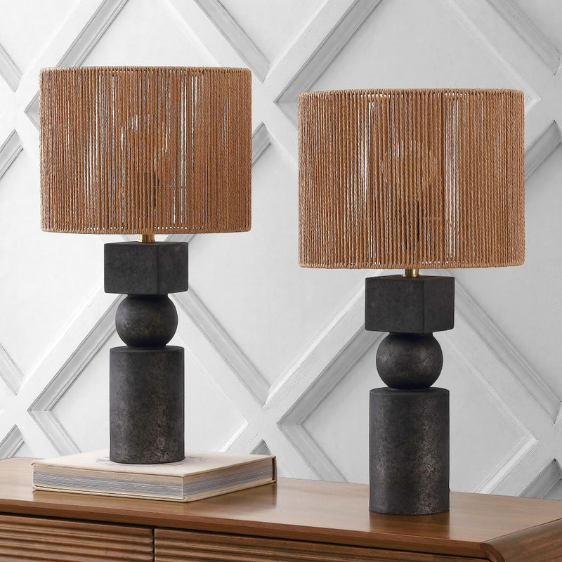 Lilian 24.5" Bohemian Casual Geometric Totem Resin with Hand-Woven Paper Rope Drum Shade LED Table Lamp