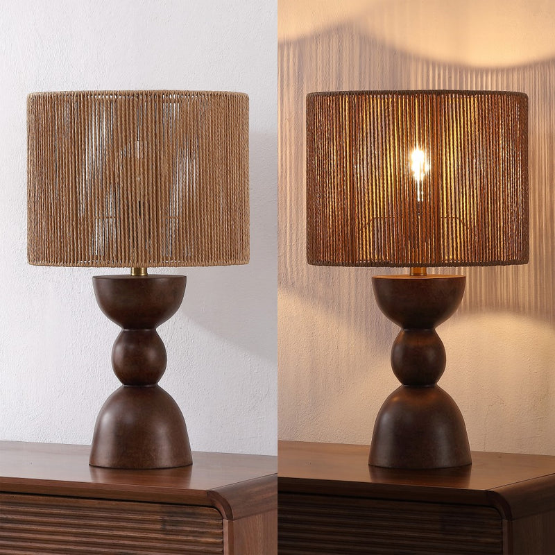 Sherry 22" Bohemian Coastal Hourglass Totem Resin with Hand-Woven Paper Rope Drum Shade LED Table Lamp