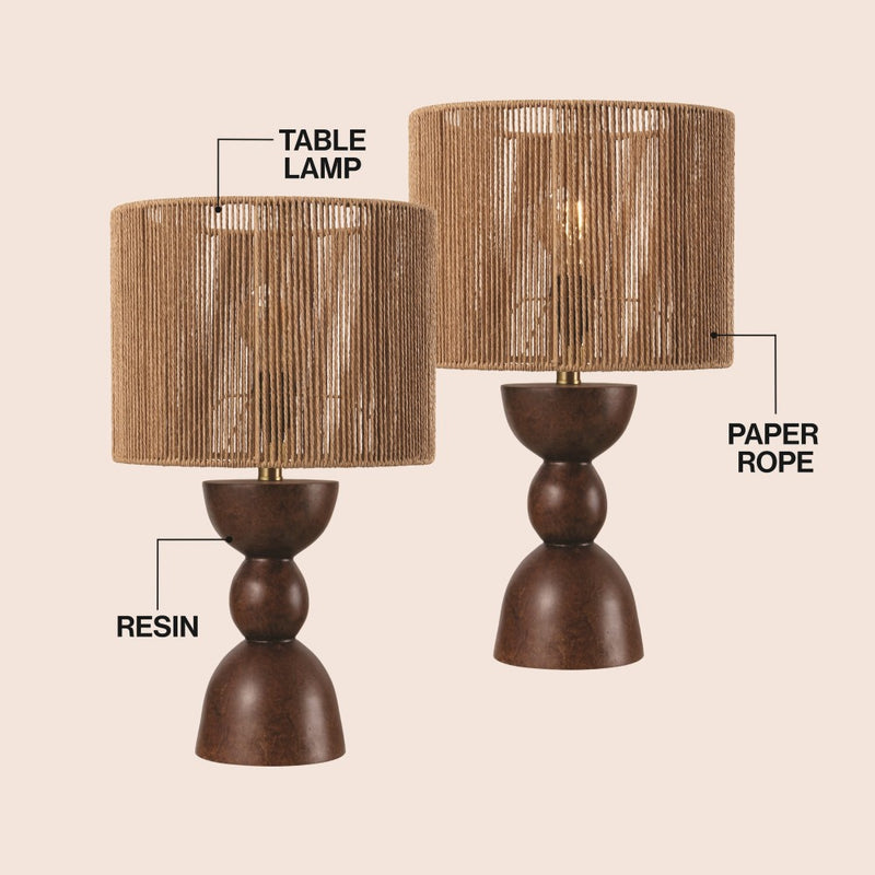 Sherry 22" Bohemian Coastal Hourglass Totem Resin with Hand-Woven Paper Rope Drum Shade LED Table Lamp