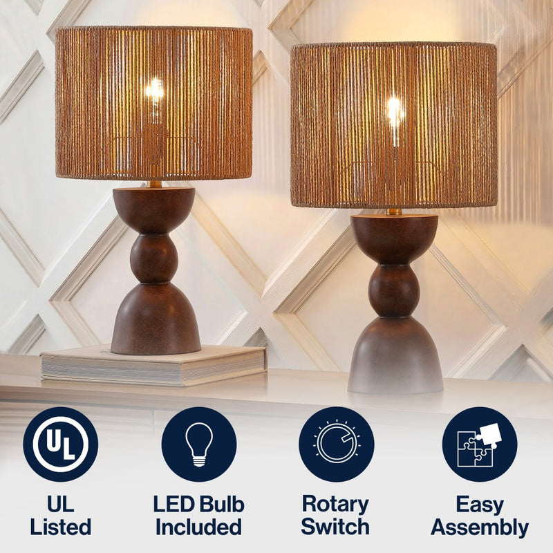Sherry 22" Bohemian Coastal Hourglass Totem Resin with Hand-Woven Paper Rope Drum Shade LED Table Lamp