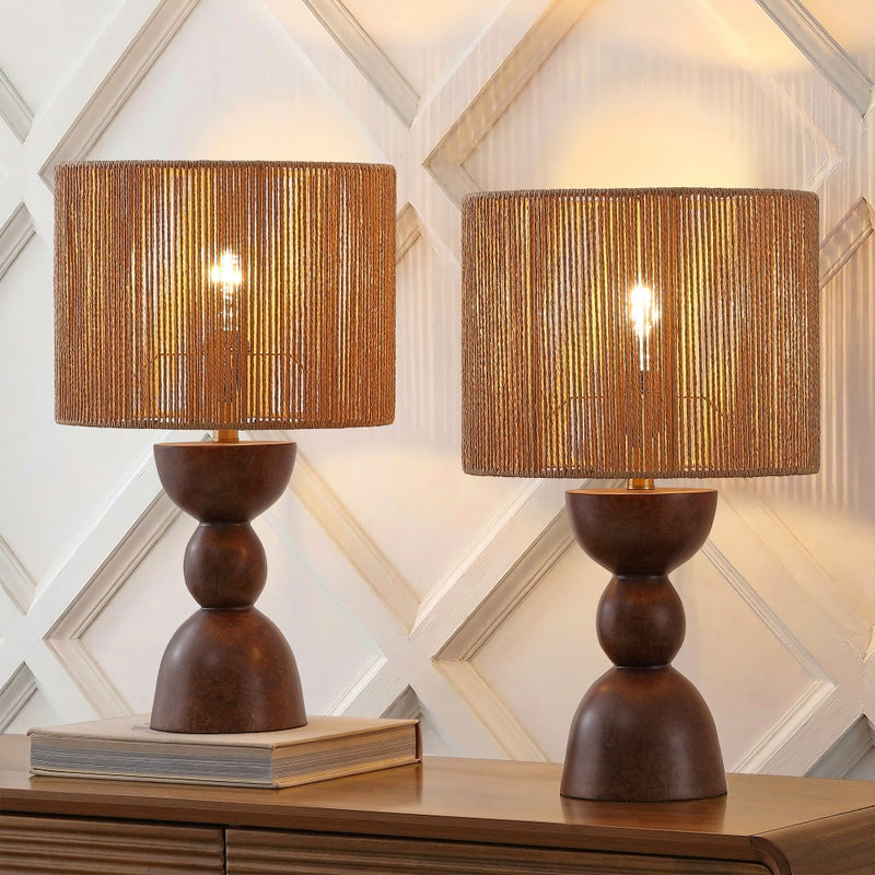 Sherry 22" Bohemian Coastal Hourglass Totem Resin with Hand-Woven Paper Rope Drum Shade LED Table Lamp