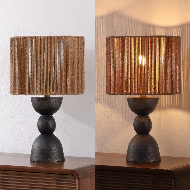 Sherry 22" Bohemian Coastal Hourglass Totem Resin with Hand-Woven Paper Rope Drum Shade LED Table Lamp