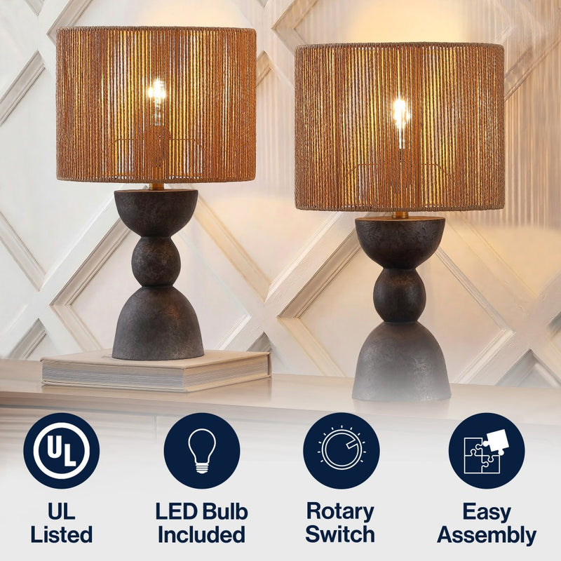 Sherry 22" Bohemian Coastal Hourglass Totem Resin with Hand-Woven Paper Rope Drum Shade LED Table Lamp
