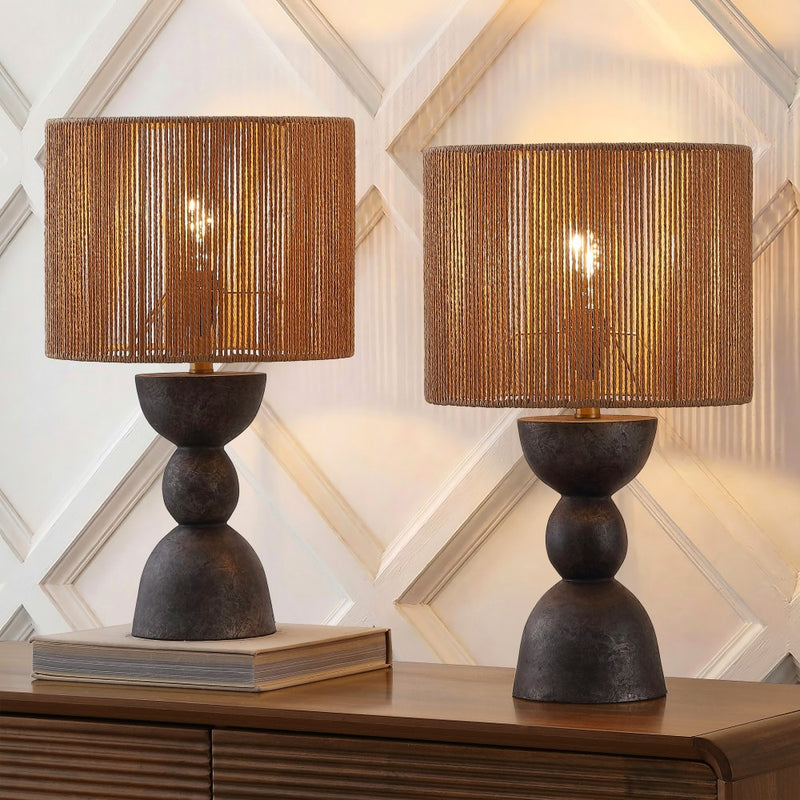 Sherry 22" Bohemian Coastal Hourglass Totem Resin with Hand-Woven Paper Rope Drum Shade LED Table Lamp
