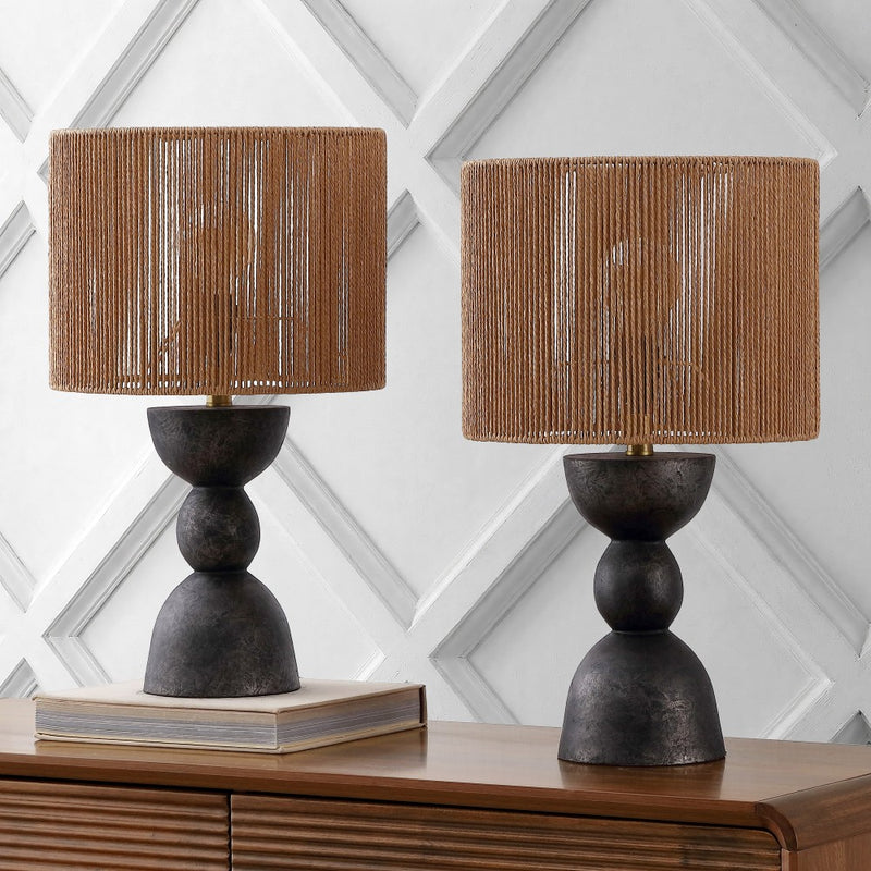 Sherry 22" Bohemian Coastal Hourglass Totem Resin with Hand-Woven Paper Rope Drum Shade LED Table Lamp