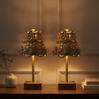 Willow 11 in. Coastal Bohemian Metal and Water Hyacinth Tapered Cordless Rechargeable Integrated Dimmable LED Table Lamp with Touch Sensor Brass Gold/Brown (Set of 2) – AI-ON