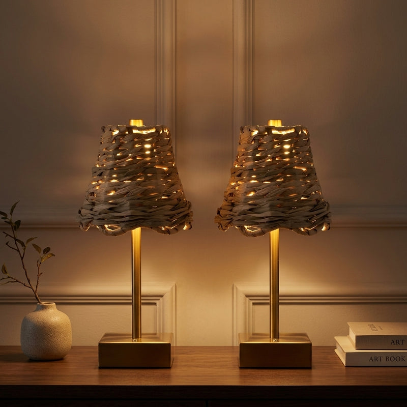 Willow 11 in. Coastal Bohemian Metal and Water Hyacinth Tapered Cordless Rechargeable Integrated Dimmable LED Table Lamp with Touch Sensor Brass Gold/Brown (Set of 2) – AI-ON