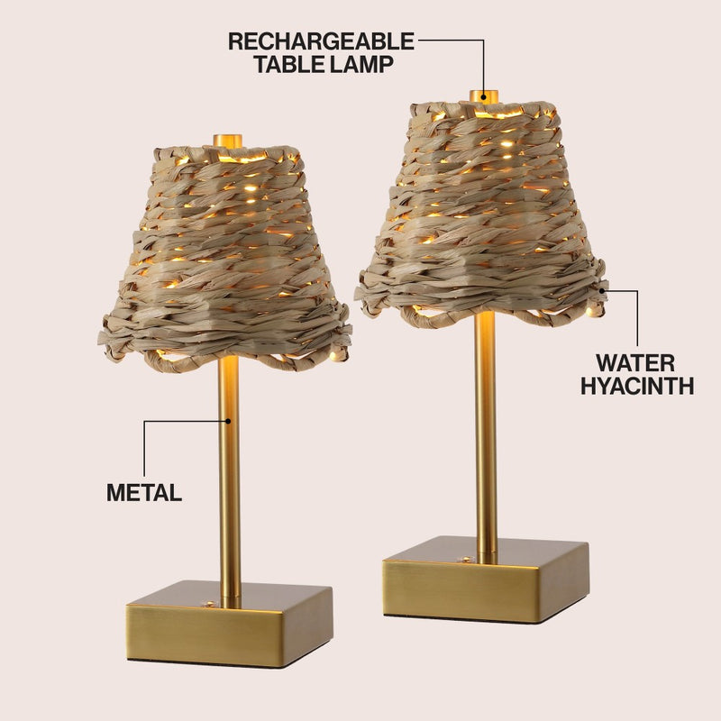 Willow 11 in. Coastal Bohemian Metal and Water Hyacinth Tapered Cordless Rechargeable Integrated Dimmable LED Table Lamp with Touch Sensor