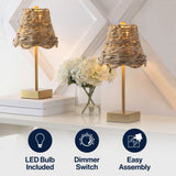 Willow 11 in. Coastal Bohemian Metal and Water Hyacinth Tapered Cordless Rechargeable Integrated Dimmable LED Table Lamp with Touch Sensor