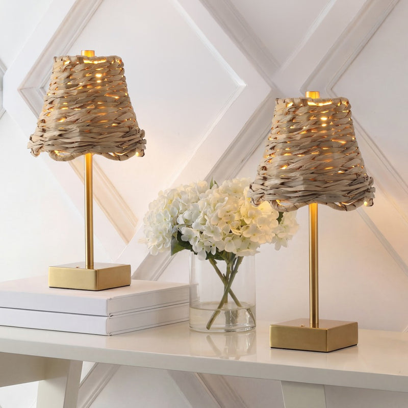 Willow 11 in. Coastal Bohemian Metal and Water Hyacinth Tapered Cordless Rechargeable Integrated Dimmable LED Table Lamp with Touch Sensor