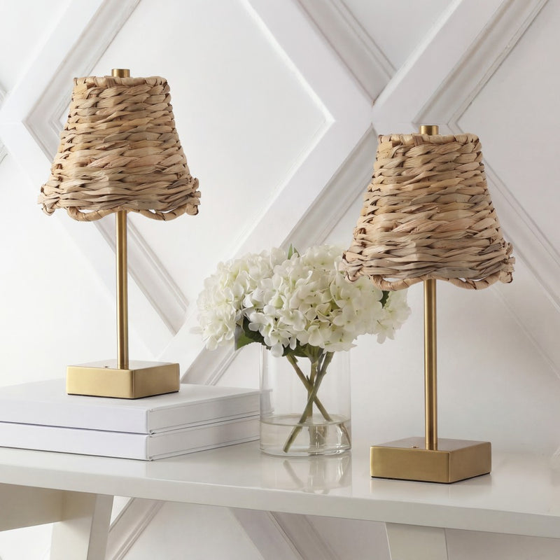 Willow 11 in. Coastal Bohemian Metal and Water Hyacinth Tapered Cordless Rechargeable Integrated Dimmable LED Table Lamp with Touch Sensor