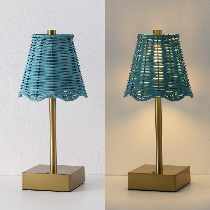 Willow 11 in. Coastal Bohemian Metal and Water Hyacinth Tapered Cordless Rechargeable Integrated Dimmable LED Table Lamp with Touch Sensor