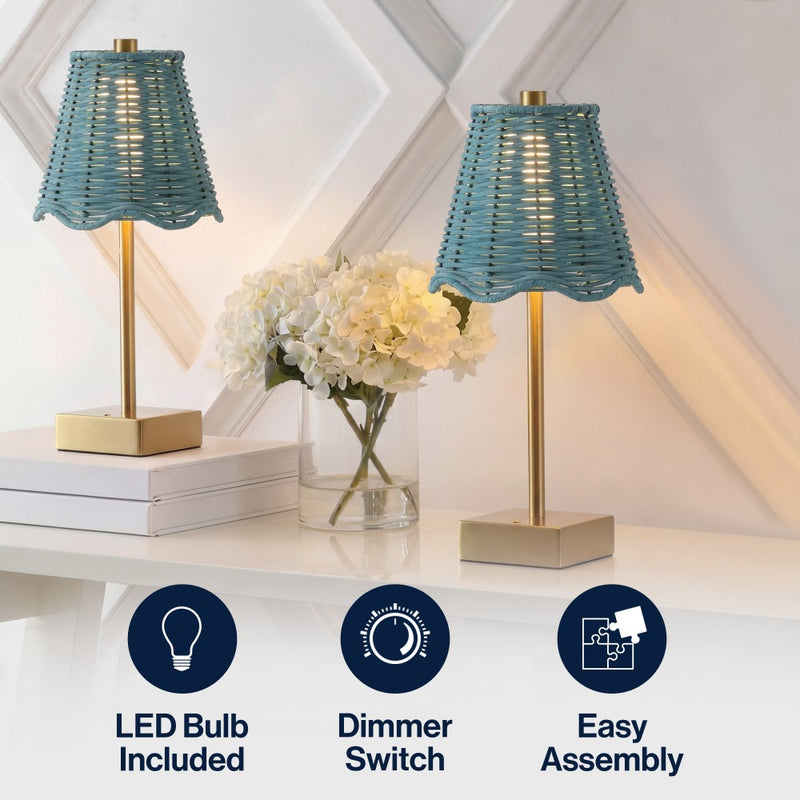 Willow 11 in. Coastal Bohemian Metal and Water Hyacinth Tapered Cordless Rechargeable Integrated Dimmable LED Table Lamp with Touch Sensor