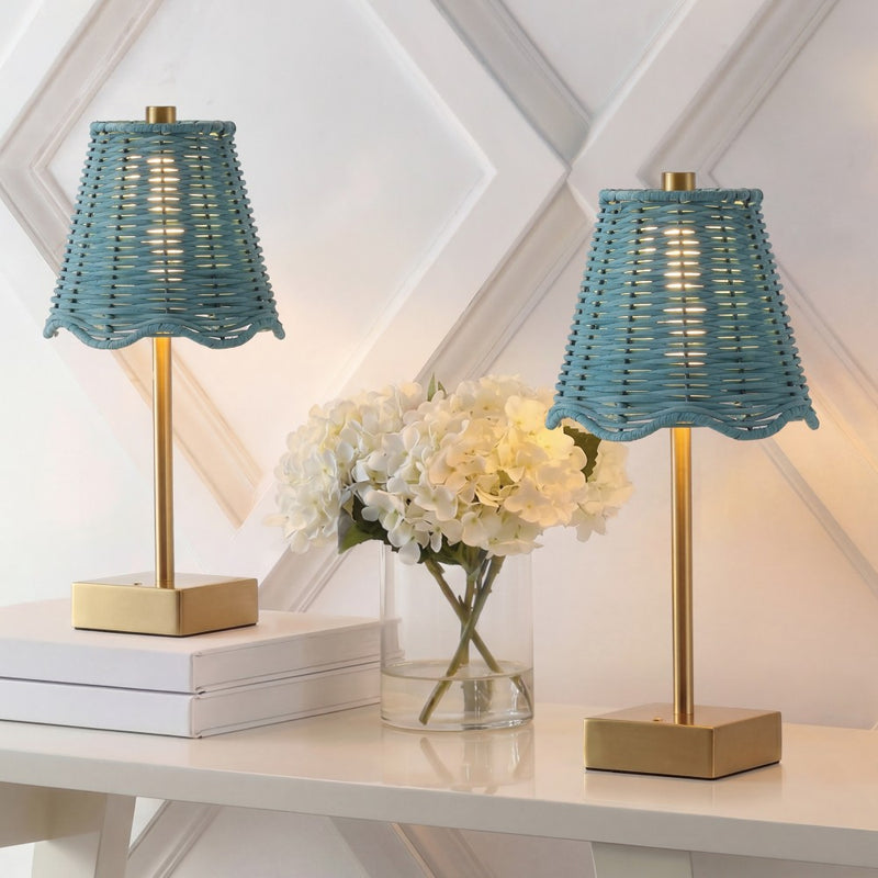 Willow 11 in. Coastal Bohemian Metal and Water Hyacinth Tapered Cordless Rechargeable Integrated Dimmable LED Table Lamp with Touch Sensor