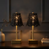 Willow 11 in. Coastal Bohemian Metal and Water Hyacinth Tapered Cordless Rechargeable Integrated Dimmable LED Table Lamp with Touch Sensor Brass Gold/Black (Set of 2) – AI-ON