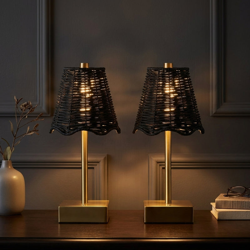 Willow 11 in. Coastal Bohemian Metal and Water Hyacinth Tapered Cordless Rechargeable Integrated Dimmable LED Table Lamp with Touch Sensor Brass Gold/Black (Set of 2) – AI-ON