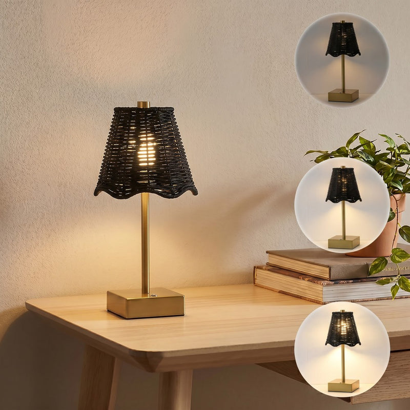 Willow 11 in. Coastal Bohemian Metal and Water Hyacinth Tapered Cordless Rechargeable Integrated Dimmable LED Table Lamp with Touch Sensor