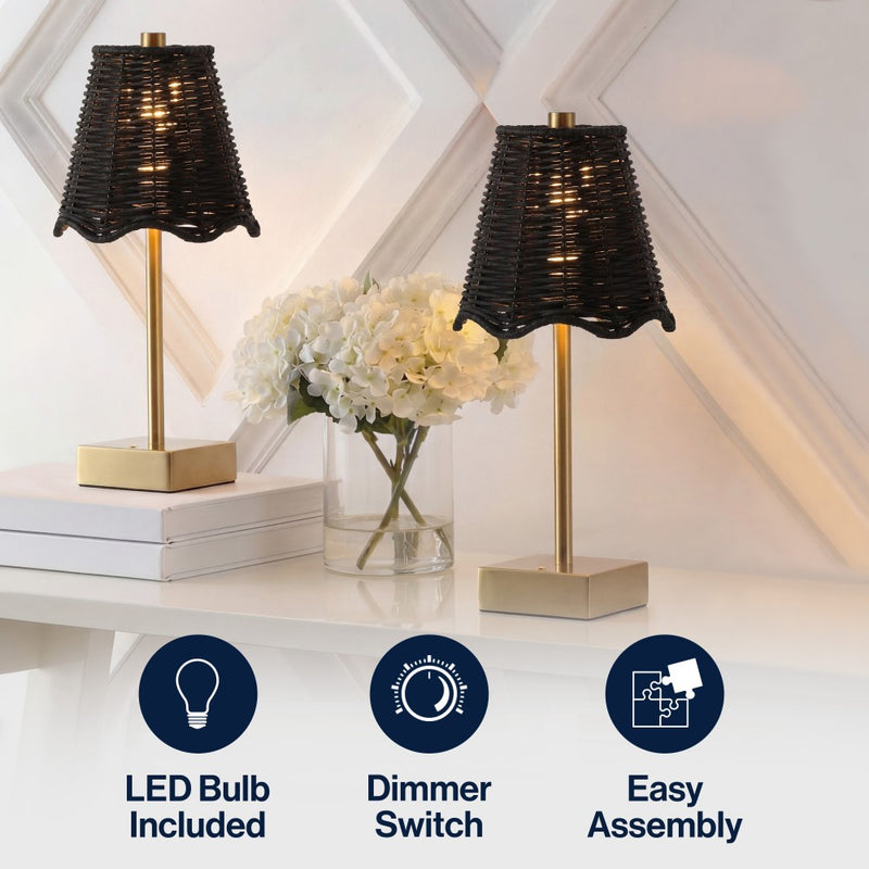 Willow 11 in. Coastal Bohemian Metal and Water Hyacinth Tapered Cordless Rechargeable Integrated Dimmable LED Table Lamp with Touch Sensor