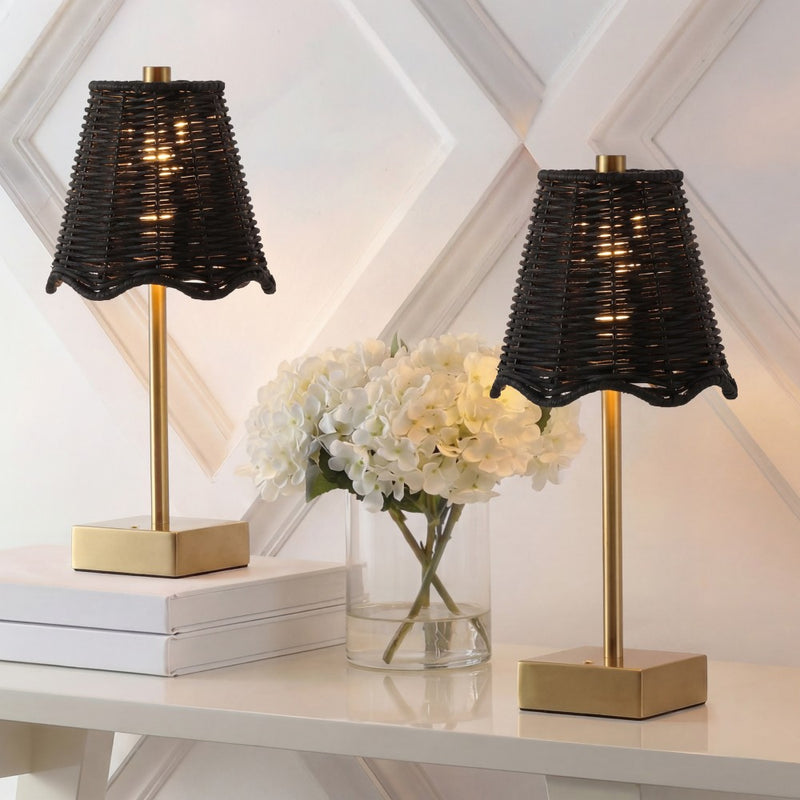 Willow 11 in. Coastal Bohemian Metal and Water Hyacinth Tapered Cordless Rechargeable Integrated Dimmable LED Table Lamp with Touch Sensor