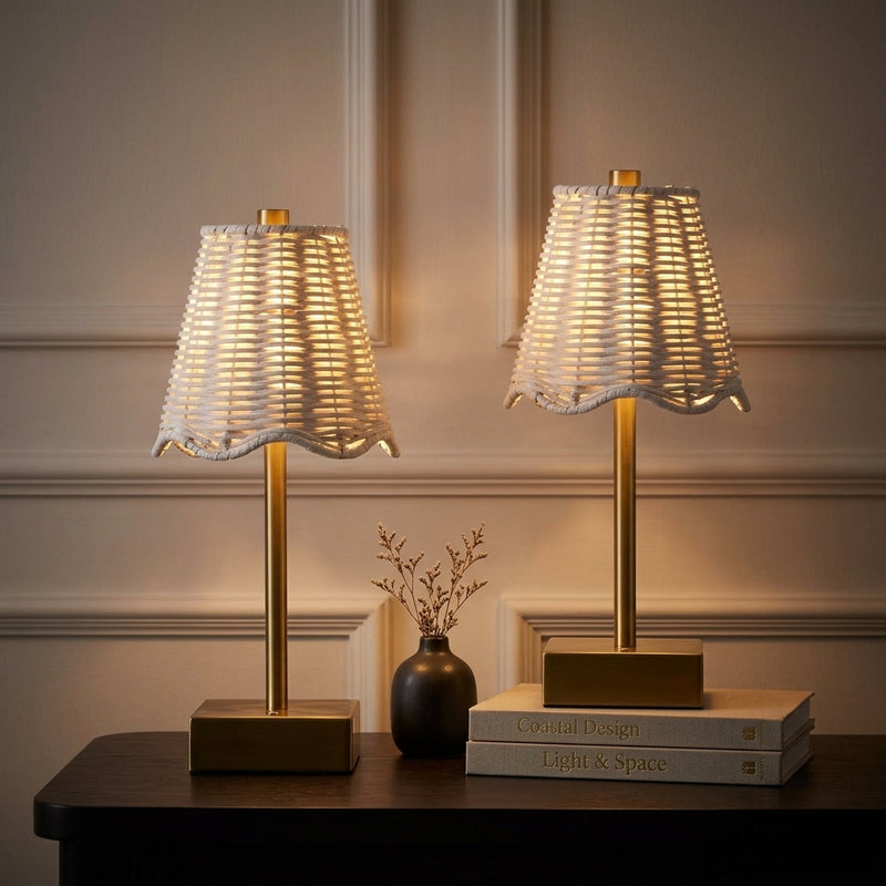 Willow 11 in. Coastal Bohemian Metal and Water Hyacinth Tapered Cordless Rechargeable Integrated Dimmable LED Table Lamp with Touch Sensor Brass Gold/White (Set of 2) – AI-ON