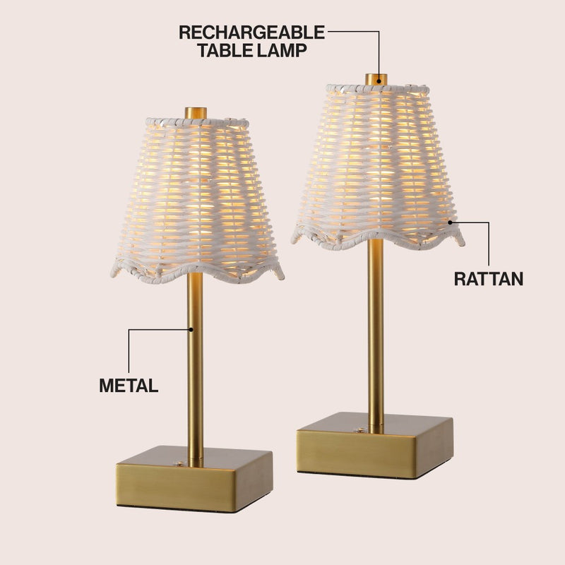 Willow 11 in. Coastal Bohemian Metal and Water Hyacinth Tapered Cordless Rechargeable Integrated Dimmable LED Table Lamp with Touch Sensor