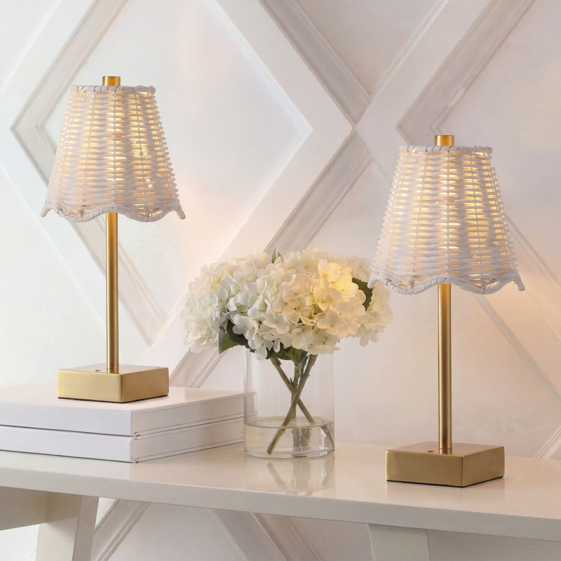 Willow 11 in. Coastal Bohemian Metal and Water Hyacinth Tapered Cordless Rechargeable Integrated Dimmable LED Table Lamp with Touch Sensor
