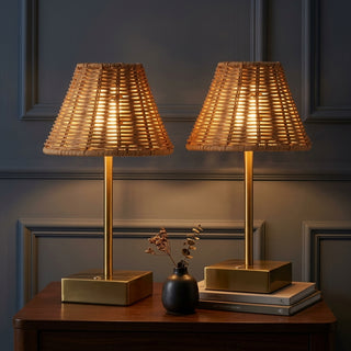 Chester 11.3 in. Coastal Bohemian Metal and Rattan Tapered Cordless Rechargeable Integrated Dimmable LED Table Lamp with Touch Sensor Brass Gold/Brown (Set of 2) – AI-ON