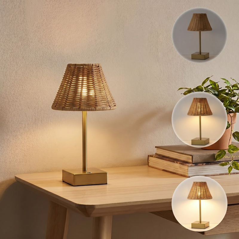 Chester 11.3 in. Coastal Bohemian Metal and Rattan Tapered Cordless Rechargeable Integrated Dimmable LED Table Lamp with Touch Sensor