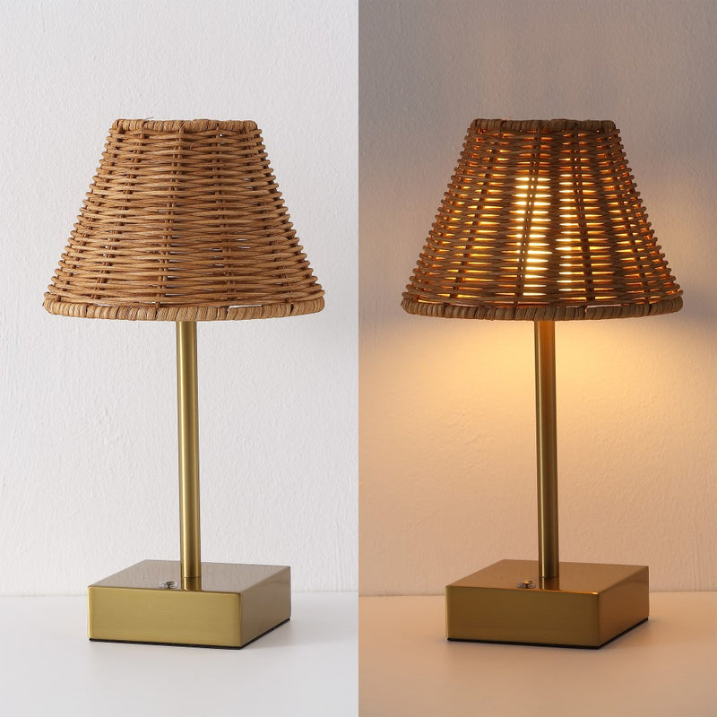 Chester 11.3 in. Coastal Bohemian Metal and Rattan Tapered Cordless Rechargeable Integrated Dimmable LED Table Lamp with Touch Sensor